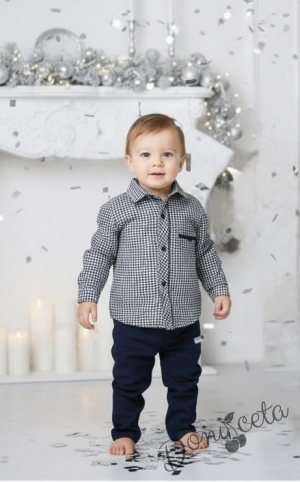 Детски комплект за момче от 2 части-риза в тъмносиньо на квадратчета и панталон в тъмносиньо