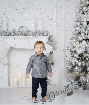 Детски комплект за момче от 2 части-риза в тъмносиньо на квадратчета и панталон в тъмносиньо