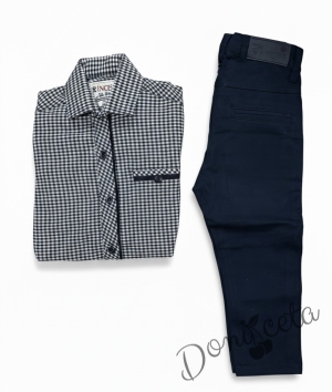 Детски комплект за момче от 2 части-риза в тъмносиньо на квадратчета и панталон в тъмносиньо