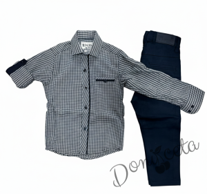 Детски комплект за момче от 2 части-риза в тъмносиньо на квадратчета и панталон в тъмносиньо