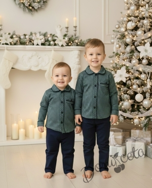 Детски комплект за момче от 2 части-риза в зелено на квадратчета и панталон в тъмносиньо