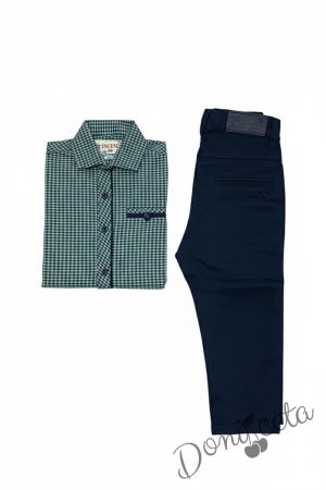 Детски комплект за момче от 2 части-риза в зелено на квадратчета и панталон в тъмносиньо