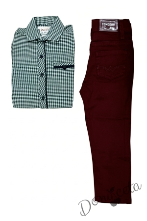 Детски комплект за момче от 2 части-риза в зелено на квадратчета и панталон в бордо