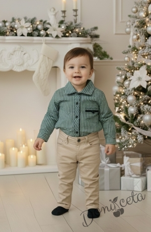 Детски комплект за момче от 2 части-риза в зелено на квадратчета и панталон в бежово