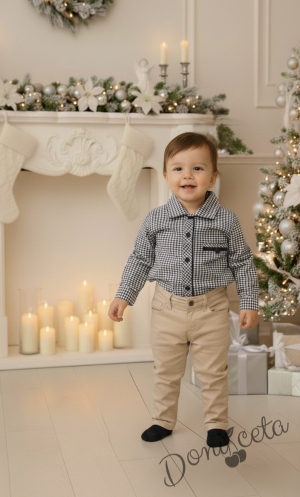 Детски комплект за момче от 2 части-риза в тъмносиньо на квадратчета и панталон в бежово