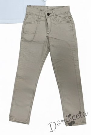 Официален комплект за момче от 2 части-риза в зелено с яка и копчета в бежово и панталон в бежово