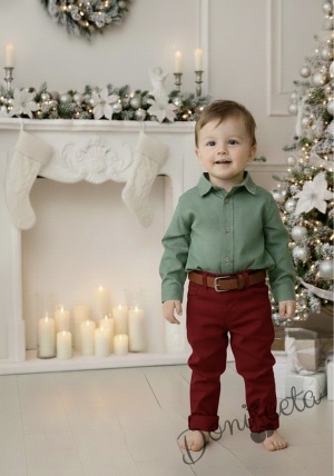 Официален комплект за момче от 2 части-риза в зелено с яка и копчета в бежово и панталон в бордо
