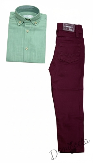 Официален комплект за момче от 2 части-риза в зелено с яка и копчета в бежово и панталон в бордо