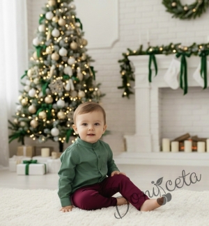 Официален комплект за момче от 2 части-риза в зелено БЕЗ яка и панталон в бордо