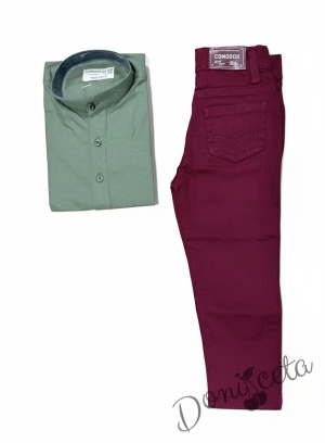 Официален комплект за момче от 2 части-риза в зелено БЕЗ яка и панталон в бордо
