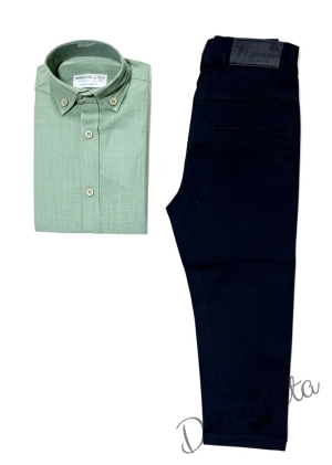 Детски комплект за момче от 2 части-риза в зелено с яка и панталон в черно
