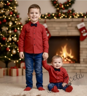 Комплект от риза в червено с папийонка  в тъмносиньо и дънки