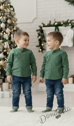 Официален комплект за момче от 2 части-риза в зелено БЕЗ яка и дънки