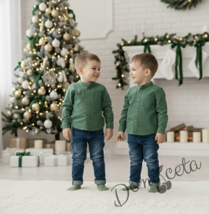 Официален комплект за момче от 2 части-риза в зелено БЕЗ яка и дънки