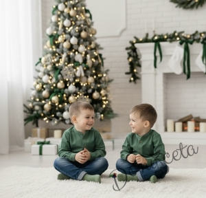 Официален комплект за момче от 2 части-риза в зелено БЕЗ яка и дънки