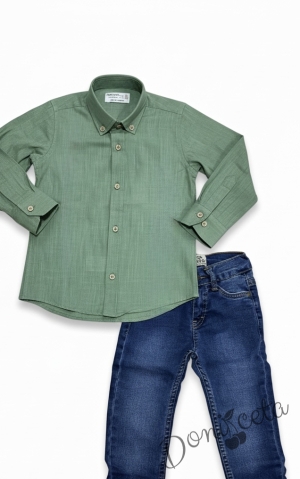 Официален комплект за момче от 2 части-риза в зелено с яка и дънки