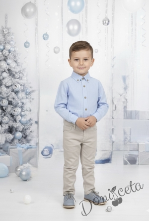 Детски комплект за момче от 2 части-риза в светлосиньо с яка и  копчета в бежово и панталон в бежово Светлосияна