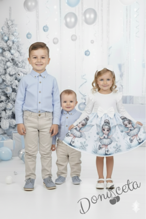 Детски комплект за момче от 2 части-риза в светлосиньо с яка и  копчета в бежово и панталон в бежово Светлосияна