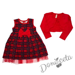 Детски комплект за момиче от рокля в каре с панделка и болеро в червено 1
