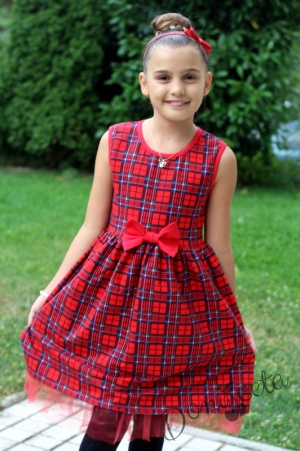 Детски комплект за момиче от рокля в каре с панделка и болеро в червено 4