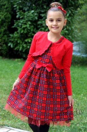 Детски комплект за момиче от рокля в каре с панделка и болеро в червено 5
