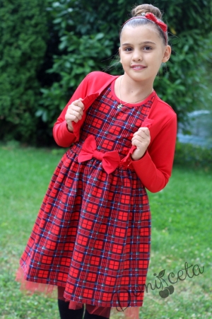 Детски комплект за момиче от рокля в каре с панделка и болеро в червено 8