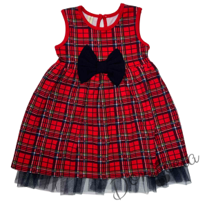 Детски комплект за момиче от рокля в каре с панделка и болеро в тъмносиньо 2