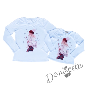 Детска блуза с дълъг ръкав в бяло за момиче с коледна картинка на момиче 3