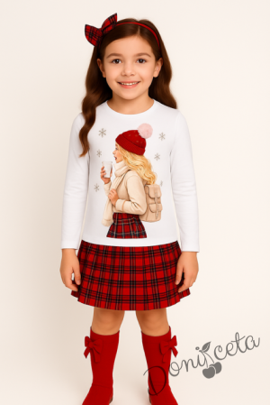 Детска или дамска блуза с дълъг ръкав в бяло за момиче с коледна картинка на момиче