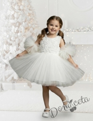 Официална коледна детска рокля Блянка без ръкав с 3D рози и богат тюл в бяло от колекция Снежина