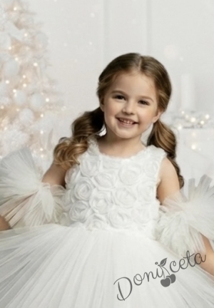 Официална коледна детска рокля Блянка без ръкав с 3D рози и богат тюл в бяло от колекция Снежина