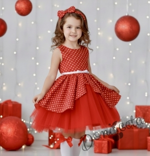 Официална детска рокля Надежда в червено на бели точки с червен тюл