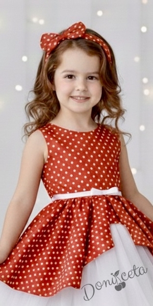 Официална детска рокля Надежда в червено на бели точки с тюл в бяло