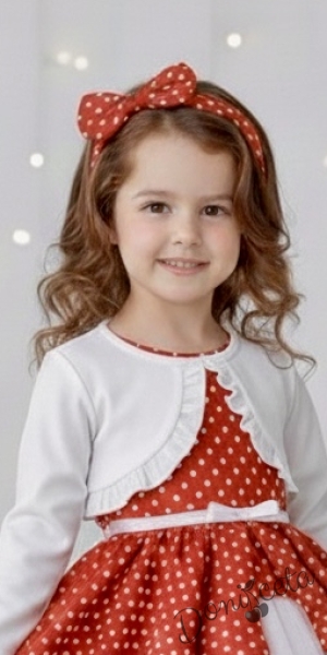 Детска коледна рокля в червено на бели точки с тюл и болеро в бяло