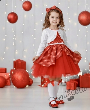 Детска коледна рокля в червено на бели точки с тюл в червено и болеро в бяло