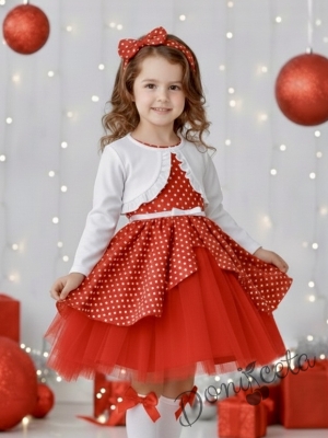 Детска коледна рокля в червено на бели точки с тюл в червено и болеро в бяло
