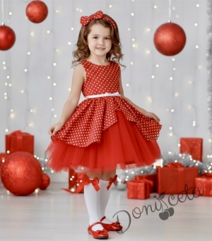 Детска коледна рокля в червено на бели точки с тюл в червено и болеро в бяло