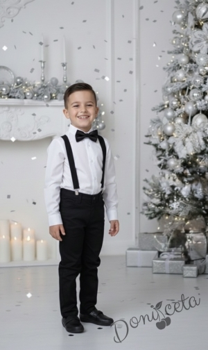 Детски комплект за момче от 2 части-риза в бяло с яка, панталон в бяло и тиранти с папийонка в черно