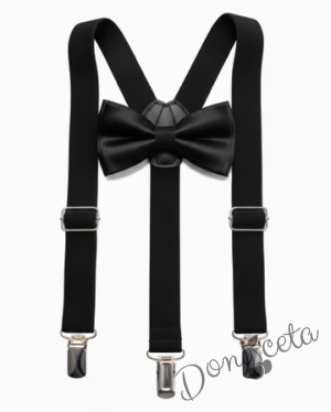 Детски комплект за момче от 2 части-риза в бяло с яка, панталон в бяло и тиранти с папийонка в черно