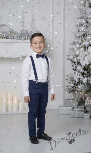 Детски комплект за момче от 2 части-риза в бяло с яка, панталон в бяло и тиранти с папийонка в тъмносиньо