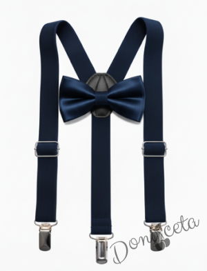 Детски комплект за момче от 2 части-риза в бяло с яка, панталон в бяло и тиранти с папийонка в тъмносиньо