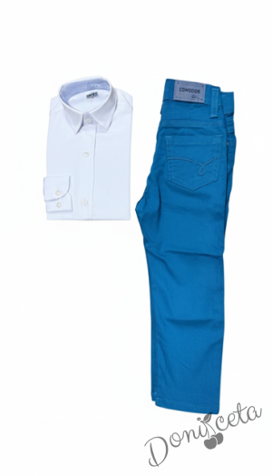 Детски комплект за момче от 2 части-риза в бяло с яка и панталон в синьо