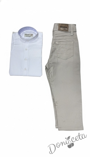 Детски комплект за момче от 2 части-риза в бяло БЕЗ  яка и панталон в бежово