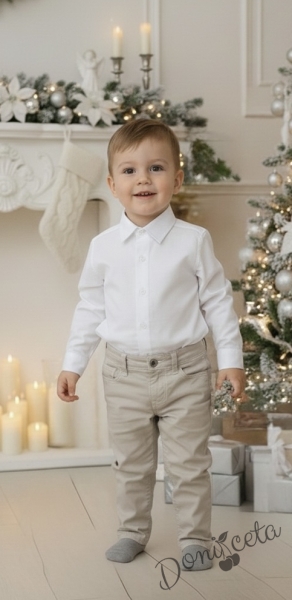 Детски комплект за момче от 2 части-риза в бяло с яка и панталон в бежово