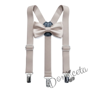 Детски комплект за момче от 2 части-риза в бяло с яка, панталон в бежово и тиранти с папийонка в бежово