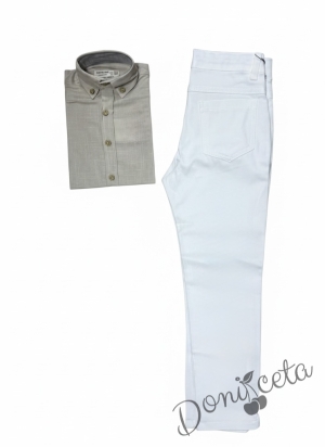 Детски комплект за момче от 2 части-риза в бежово с яка и панталон в бяло Светлосияна