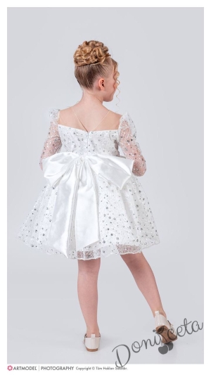 Официална детска рокля в бяло с  блясък с дълъг ръкав Естелка