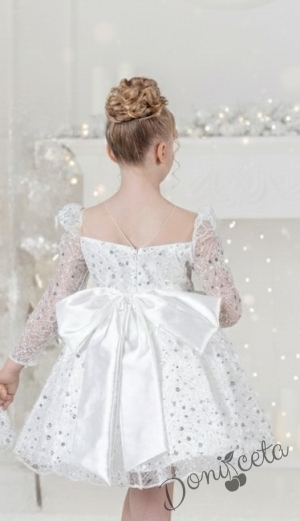 Официална детска рокля в бяло с  блясък с дълъг ръкав Естелка