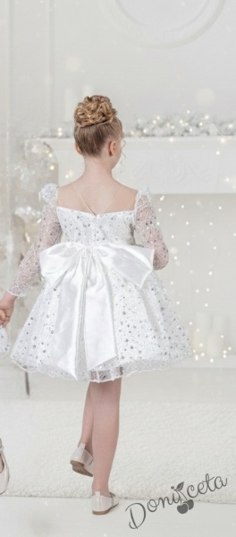 Официална детска рокля в бяло с  блясък с дълъг ръкав Естелка