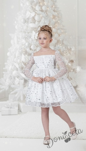 Официална детска рокля в бяло с  блясък с дълъг ръкав Естелка